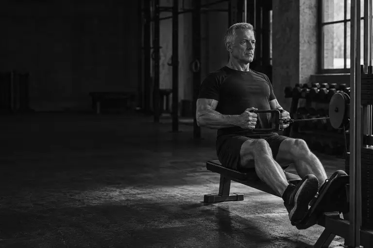 An older man doing a seated cable row