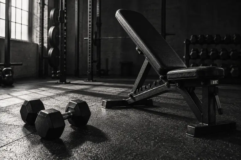 Dumbbells and an adjustable bench in a dim gym