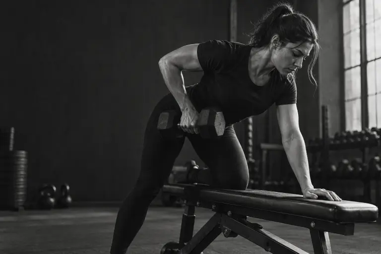 A woman doing a one-arm dumbbell row on a bench