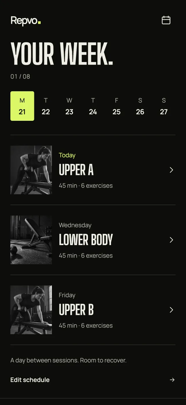 Plan screen: the training week with three sessions and rest days