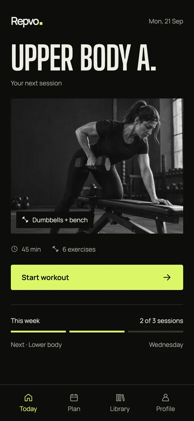 Today screen: the next session, Upper body A, with weekly progress