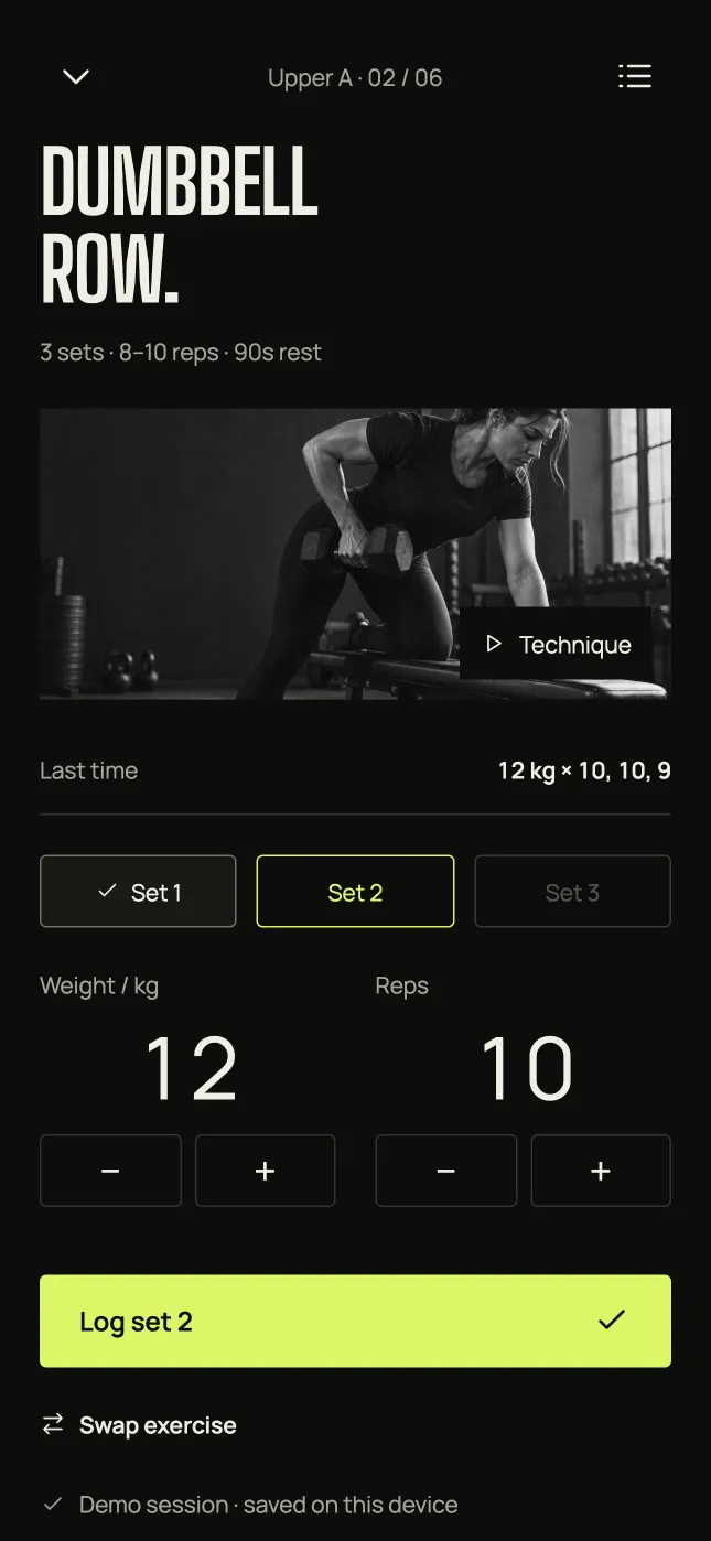 Workout screen: logging a set of dumbbell rows with last time's numbers shown